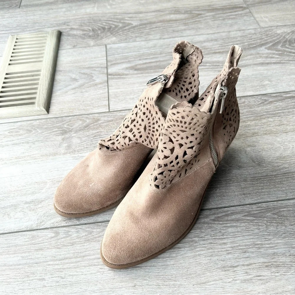 Jessica Simpson Tan Laser Cut Genuine Leather Suede  Bootie